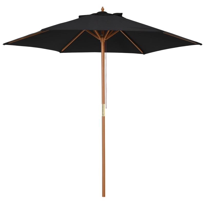Outsunny Umbrelă de soare Ø 250 cm, umbrelă de balcon cu mecanism de tragere cu sfoară, umbrelă de plajă din bambus rezistent la vânt, umbrelă de piață pentru balcon terasă grădină, Negru