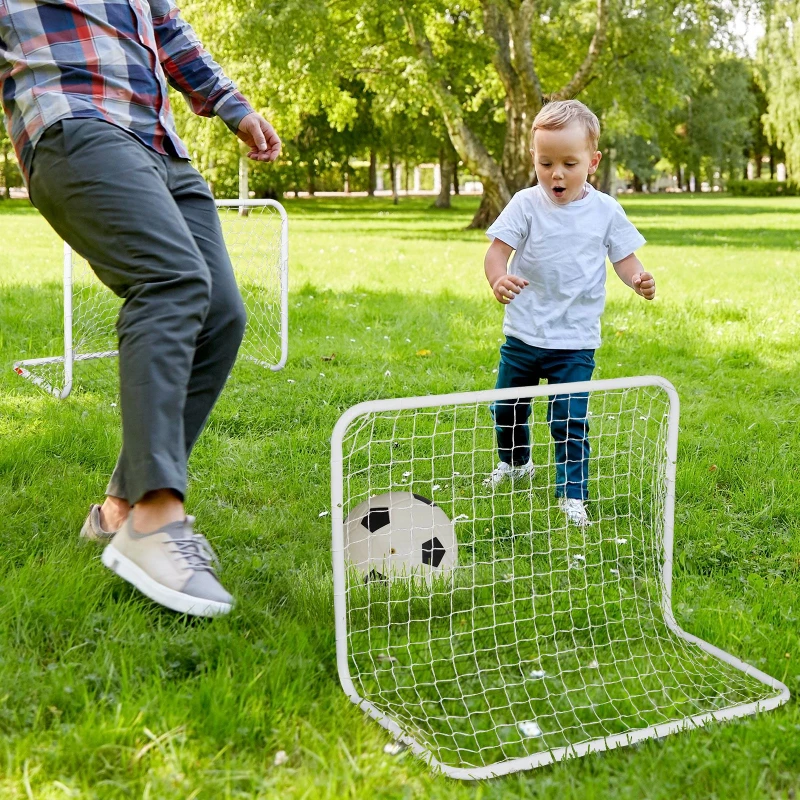 HOMCOM Set de 2 mini cage de fotbal pentru copil minge, pompă, țăruși incluși 78L x 46l x 56H cm metal alb
