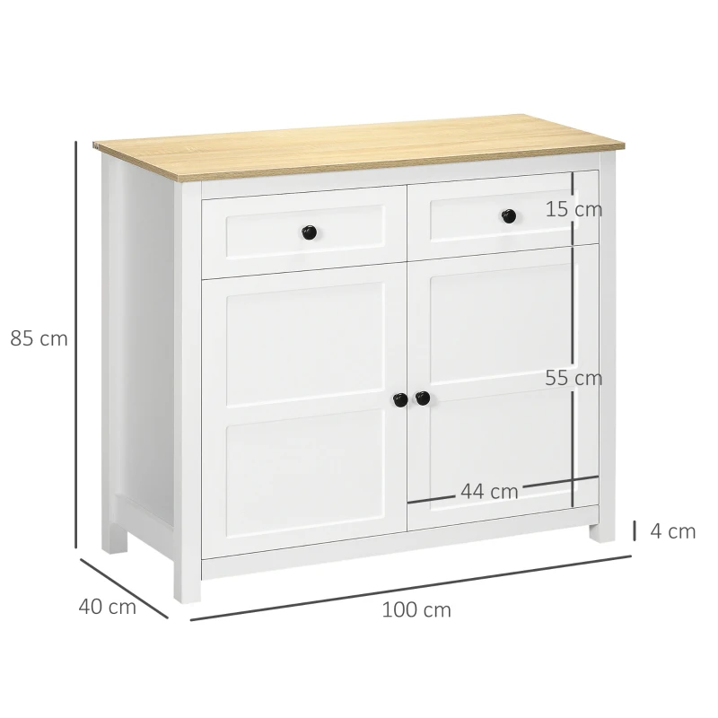 HOMCOM Comodă mobilier de depozitare cu 2 uși și raft reglabil în înălțime 2 sertare 100 x 40 x 85 cm alb și aspect lemn