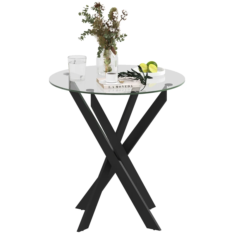 HOMCOM Masa de dining din sticla, diametru 70 cm, cu placa de sticla securizata si picioare din metal, pentru 4 persoane