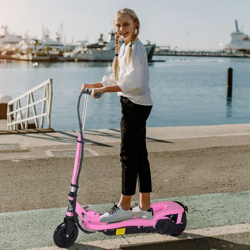 HOMCOM Scuter Electric Pliabil pentru Copii de 7-14 Ani Máx. 50 kg Scooter cu Viteză Max. 12 km/h Înălțime Ajustabilă Buton Pornire și Frâne 75x36x82-93 cm Roz