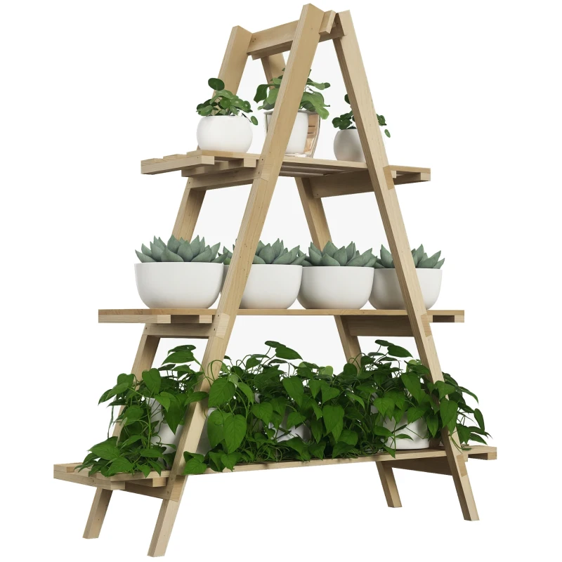 Outsunny Suport pentru Plante Pliabil din Lemn Raft pentru Ghivece cu 3 Nivele cu Cadru în A 100x36x112 cm Natural