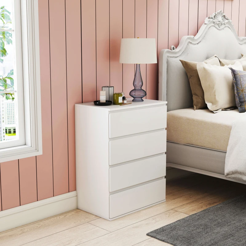 HOMCOM Cassettiera 4 Cassetti in Truciolato con Guide in Metallo e Maniglie Scanalate, 60x40x80 cm, Bianco