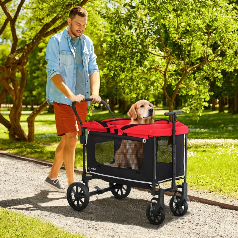 PawHut Hundewagen Hundebuggy pliabil pentru câini și pisici de până la 30 kg 110 x 65 x 102 cm Rot