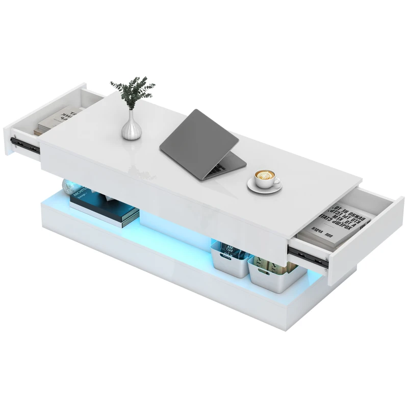 HOMCOM Masa de cafea cu sertare și lumini LED, masă laterală modernă cu raft deschis, masă de cafea, placaj, Alb