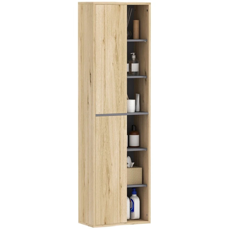 HOMCOM Coloană de Baie de Perete Dulap de Baie cu Compartimente Deschise și 2 Uși 40x24x141,5 cm Natural