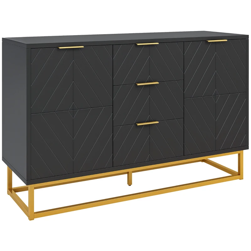 HOMCOM Bufet cu design modern, 2 dulapuri cu uși, rafturi reglabile și 3 sertare glisante, din lemn negru și metal auriu