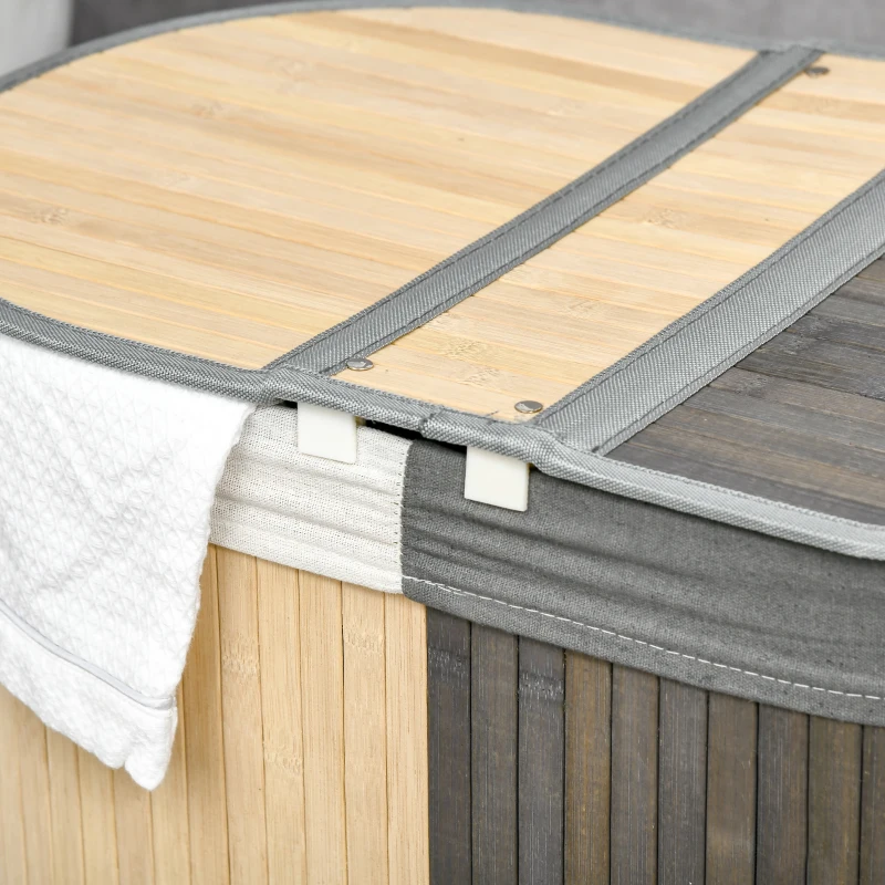 HOMCOM Cos de rufe din bambus 100L cu 2 sectiuni, capac si sac detasabil 62,5 x 37 x 60,5 cm - gri