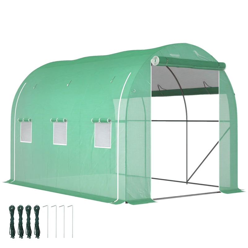 Outsunny Seră tunel de grădină 6 m² 3 x 2 m cu 1 ușă + 2 pereți laterali cu fermoar, 6 ferestre, verde