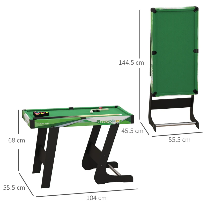 SPORTNOW Masă de biliard pliabilă cu accesorii 2 tacuri, 16 bile, triunghi, cretă, dim. 104L x 55,5l x 68H cm, tăpțis verde