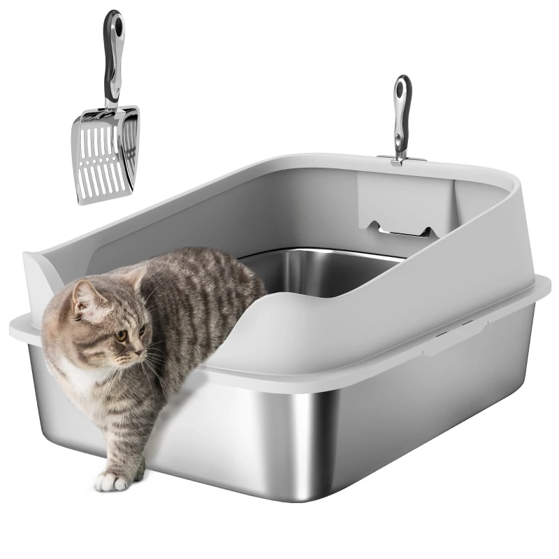 PawHut Arenero pentru Pisici din Oțel Inoxidabil XXL cu Margini Înalte Lopată Ușor de Curățat Test de Scurgeri 70x50x30 cm Gri