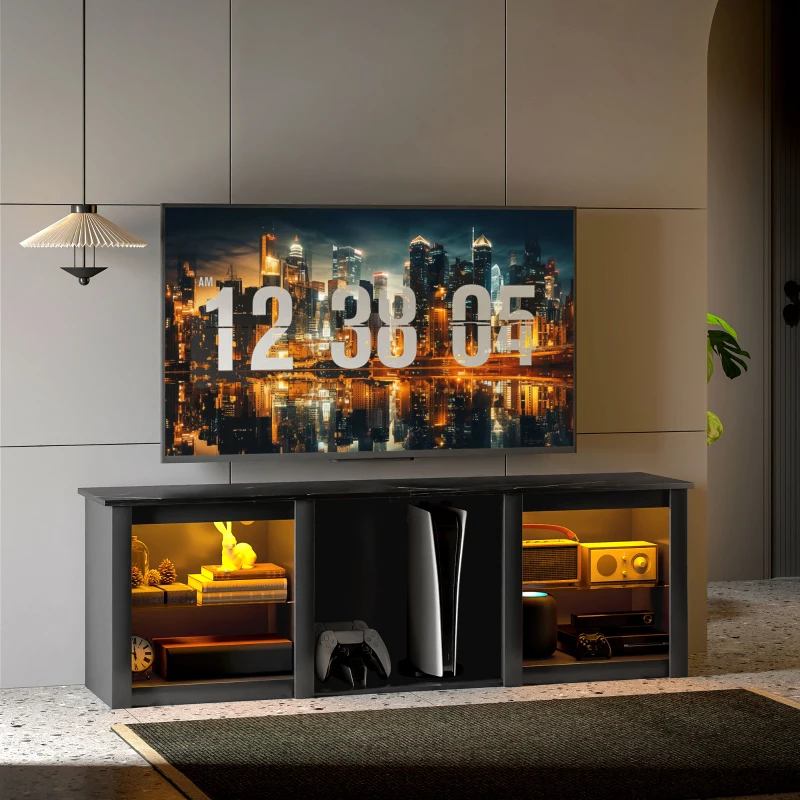 HOMCOM Mobilier TV cu iluminare LED pentru televizoare până la 65 de inch, 160cm cu rafturi din sticlă reglabile, negru