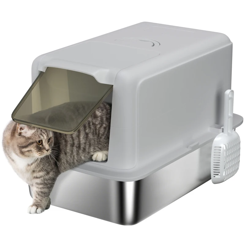 PawHut Litieră pentru pisici, Vas din Oțel Inoxidabil, Filtru, Lopată, pentru pisici până la 6 kg, 40,5 x 60,5 x 41,5 cm, Gri/Argintiu