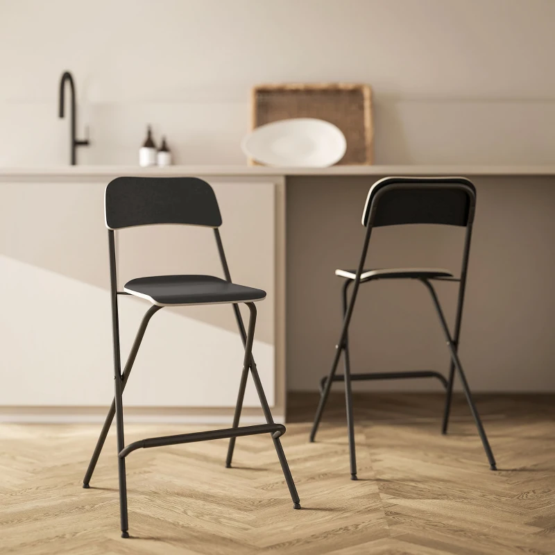 HOMCOM Set de 2 scaune de bar pliante cu cadru din oțel, pentru bucătărie, negru