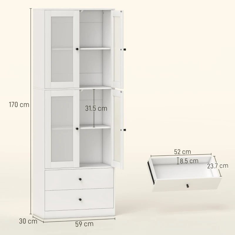 HOMCOM Dulap de bucătărie cu sertare și uși din sticlă, Suprafață de melamină, Alb