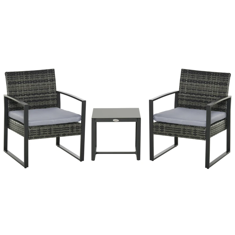 Set de mobilier de grădină Outsunny din ratan pentru 2 persoane, Set de mobilier de balcon din poliratan, Set de mobilier de balcon cu pernuțe, Grădină Gri