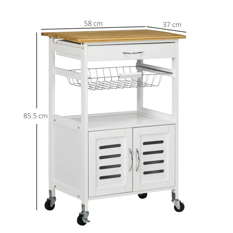 HOMCOM Carrito de Cocina cu Roti Caru cu Depozitare Multifunctional cu Suprafata de Lucru din Bambus Sertar Cos Metalic si Dulap cu 2 Usi cu Jaluzee 58x37x85,5 cm Alb