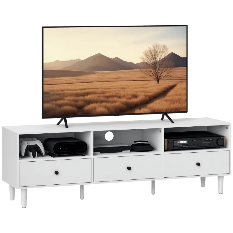 HOMCOM Comodă TV, Stand TV pentru Ecrane de 75 inch, 3 Rafturi Deschise, 3 Sertare, Placă de Particule, Alb