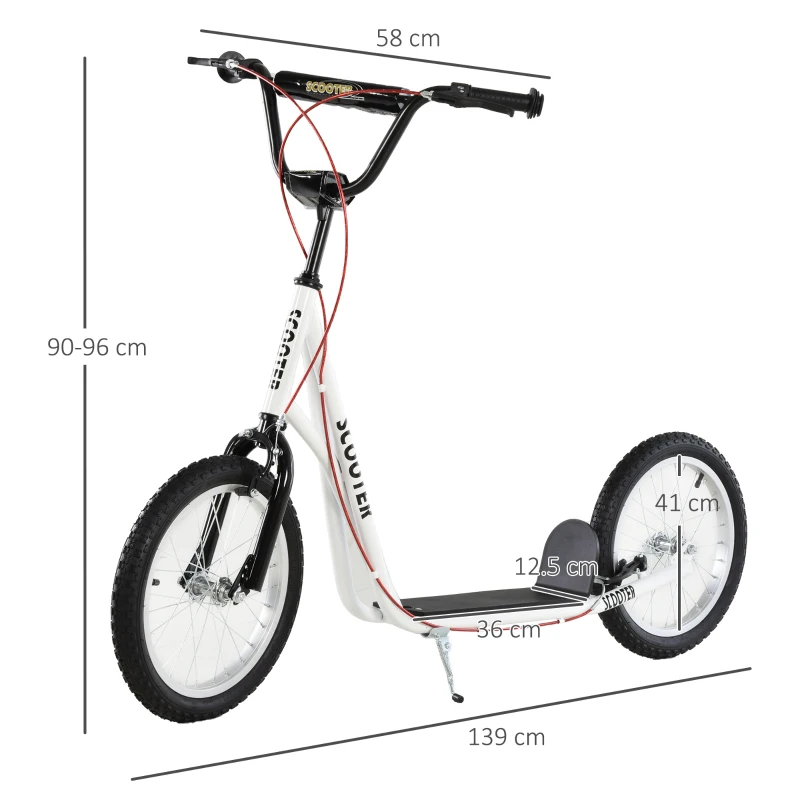 HOMCOM Trotinetă pentru copii Trotinetă oraș Treticiclu Kickboard cu roți pneumatice și frână de mână Trotinetă copii pliabilă de la 5 ani 16 inch Alb 139 x 58 x 90-96 cm
