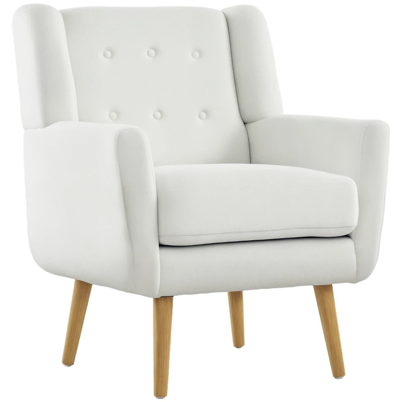 HOMCOM Fotoliu cu Brațe, Fotoliu de Relaxare, Sacramento, Lemn de Cauciuc, Bordură cu Nasturi, Alb
