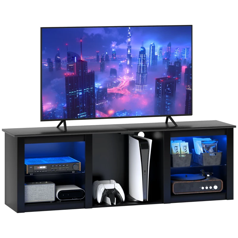 HOMCOM Mobilier TV cu iluminare LED pentru televizoare până la 65 de inch, 160cm cu rafturi din sticlă reglabile, negru