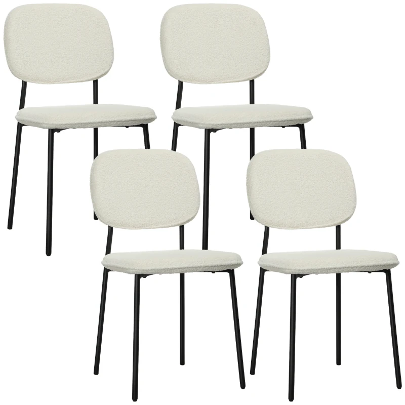 Scaune de Masă HOMCOM Set de 4, Înveliș Moale, Piciorușe din Oțel, Design Neînarmat, Alb