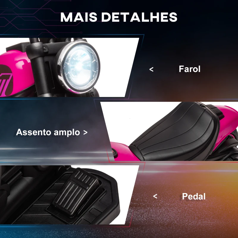 HOMCOM Motocicleta Elétrica para Crianças de 18-36 Meses com Bateria 6V Farol e Rodas Auxiliares Removíveis 76x42x57 cm Rosa