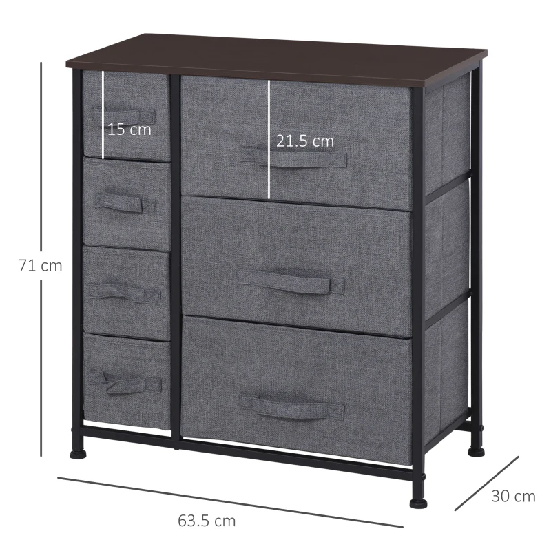 HOMCOM Șifonier 7 sertare din material textil, mobilier de depozitare modern, cadru din oțel, 63,5 x 30 x 71 cm, gri închis