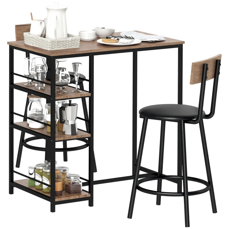 HOMCOM Set de 3 piese pentru bucatarie cu bar si 2 scaune, Set de bucatarie compact cu rafturi laterale, MDF, Metal, Stejar