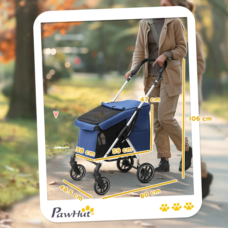 PawHut Cărucior pentru câini, transport ușor și pliabil pentru câini mici, pernă lavabilă, ferestre din plasă, Albastru inchis