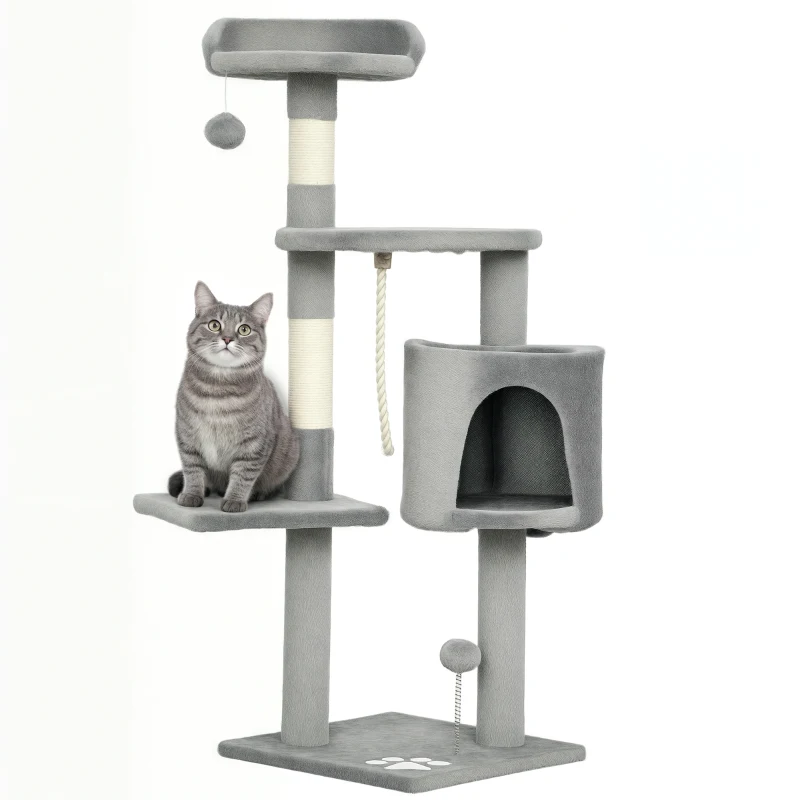 PawHut Copac de pisici multifuncțional zgârie zgâriețuri platforme adăpost sfoară jucării 40 x 40 x 114 cm gri