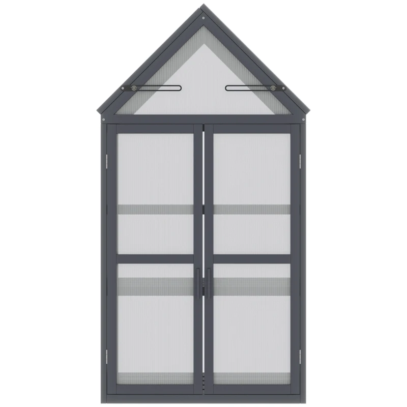 Seră mini Outsunny cu 3 nivele, sere pentru plante cu acoperiș rabatabil, uși duble din lemn, policarbonat rezistent la intemperii, natural, 70,5 x 42 x 132 cm