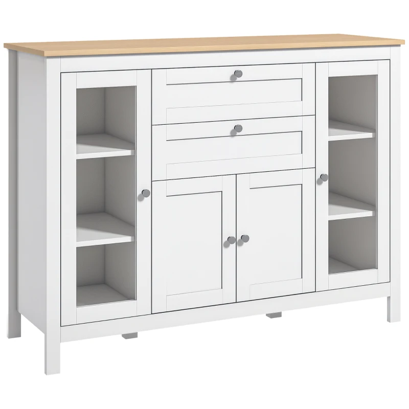 HOMCOM Bufet cu 2 Uși din Sticlă, Mobilier cu Rafturi Reglabile 2 Sertare 1 Dulap, 120 x 40 x 90 cm, Lemn Natural și Alb