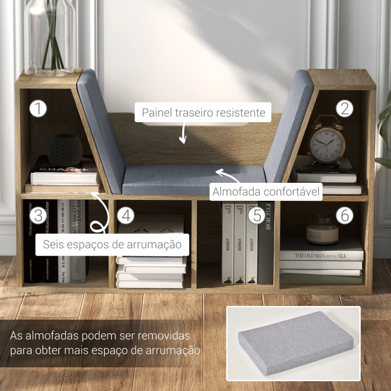 HOMCOM Estante para Livros com Banco Integrado e 6 Cubos Estante Infantil com Assento 102x30x61 cm Madeira e Cinzento