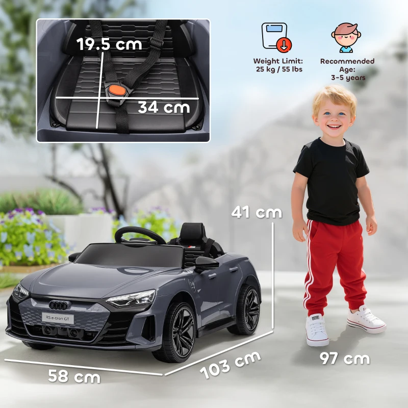 HOMCOM Automobil electric pentru copii cu telecomandă, centură de siguranță, claxon, muzică, faruri, până la 5 km/h, 3-5 ani, Gri