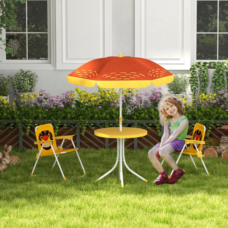 Outsunny Set mobilier de grădină pentru copii 4 piese motiv de leu cu umbrelă reglabilă Ø 100 cm scaun pliabil galben
