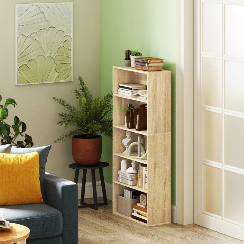 HOMCOM Bibliotecă raft de depozitare 5 nivele cu rafturi reglabile pentru living, dormitor, birou, 60x24x133,5 cm, natural