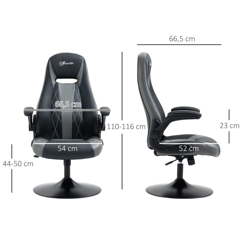 Vinsetto Scaun de gaming ergonomic cu bază rotundă din metal pivotantă 360° înălțime reglabilă pernă pentru gât brațe rabatabile PVC gri negru