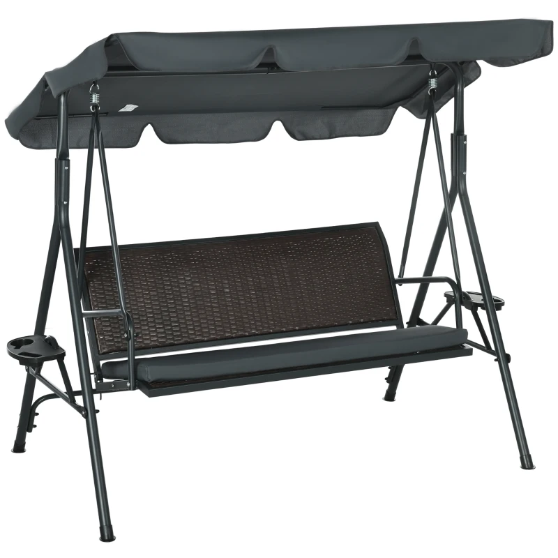 Outsunny Leagăn de Grădină de 3 Locuri cu Acoperiș Reglabil Suporturi pentru Pahar și Tăvițe Scaun 320 kg 204x112x150 cm Gri