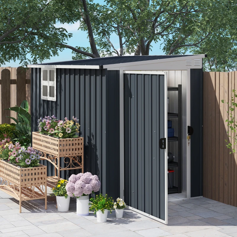 Outsunny Depozit de Unelte pentru Grădină, adăpost de unelte pentru unelte de grădină, fereastră, deschideri de ventilație, blocabil, oțel, Gri închis