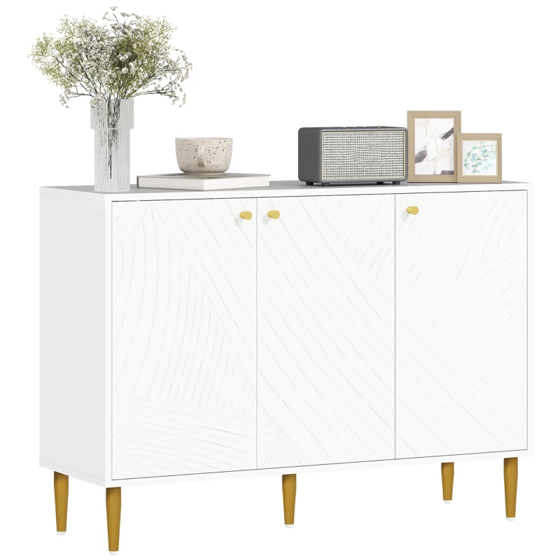 HOMCOM Bufet mobilier de depozitare cu 2 dulapuri, 3 uși rafturi reglabile picioare aurii din oțel 107 x 35 x 77 cm alb