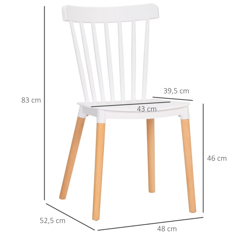 HOMCOM Set de 4 scaune de stil scandinav, spătar înalt, șezut din polipropilenă, picioare din fag 48 x 52,5 x 83 cm alb