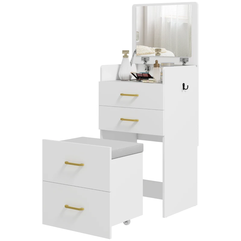 HOMCOM Masuta de Toaleta 3-in-1 cu Oglinda, Masuta de Noapte, Scaun cu Rotile, Sertare, Alb