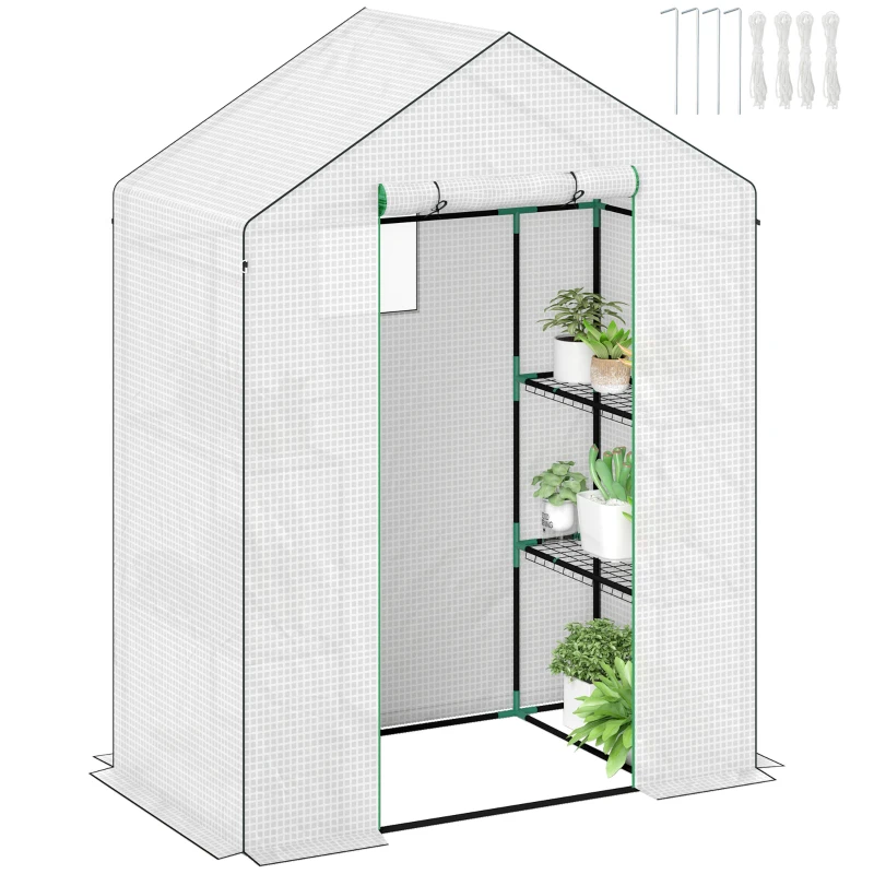 Outsunny Seră de grădină cu 1 ușă 1 fereastră rafturi 3 niveluri pentru Legume Plante Flori Pânză PE 143 x 74 x 190 cm alb