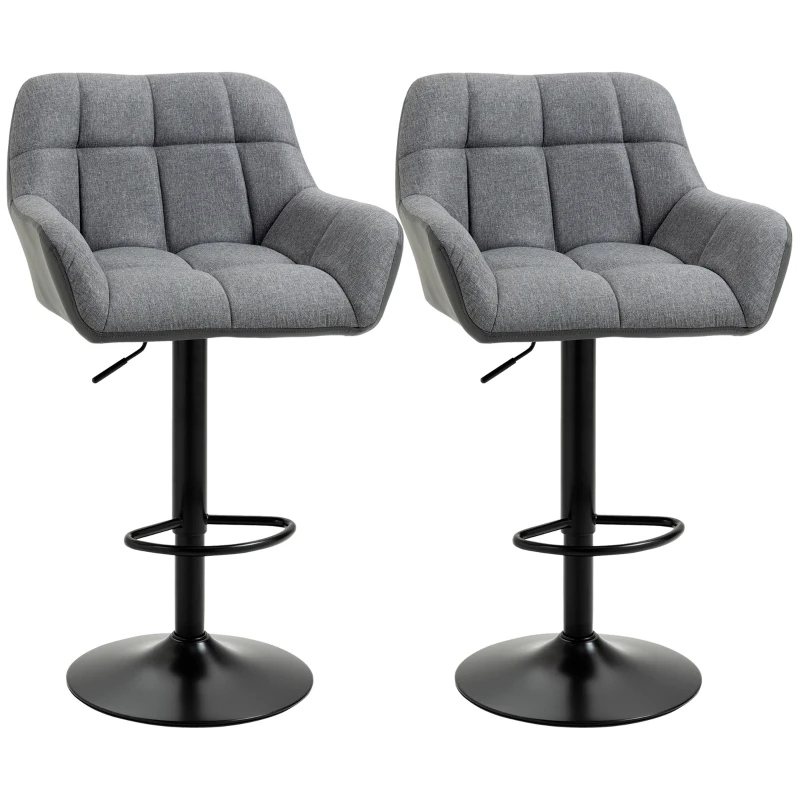 HOMCOM Scaune de bar 2-pack Design retro reglabile în înălțime Piele ecologică Aspect de in Gri + Negru