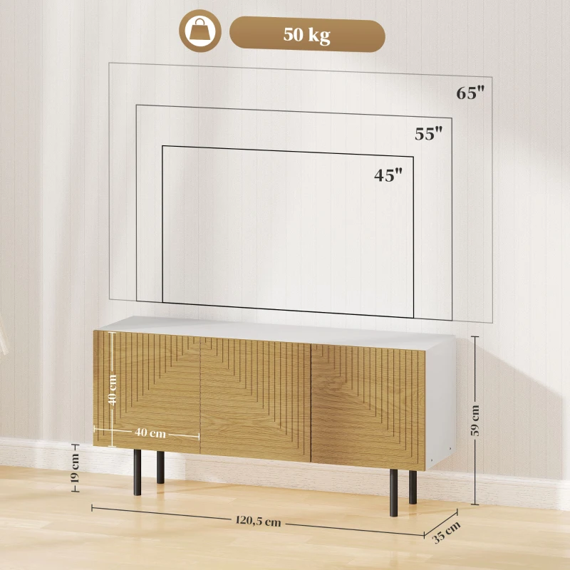 HOMCOM Mobila TV pentru de până la 65 de inch cu dulapuri cu ușă canelată și trecere cabluri pentru sufragerie, dormitor, efect lemn natural