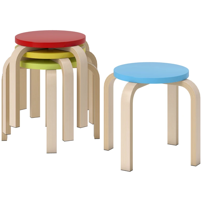 HOMCOM 4 Scaune de Bucătărie Empilabile cu tampoane de picior din fetru, Lemn stratificat de mesteacăn, lăcuit, Multicolor
