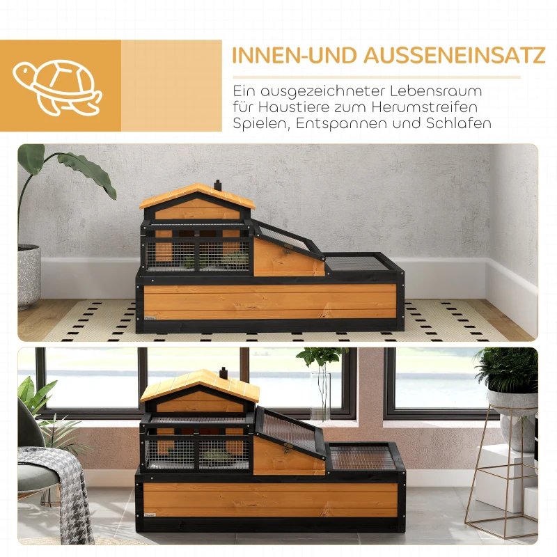 PawHut Casa pentru broaște țestoase, 2 etaje, pentru interior și exterior, tavă extensibilă, lemn de brad, Galben