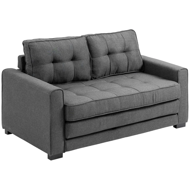 HOMCOM Canapea Extensibilă Pat de 2 Locuri Canapea din Material Textil cu Funcție de Pat Set de Canapele Tip Poliester Lin Lemn Cauțiucat Gri 147,5 x 75 x 85 cm
