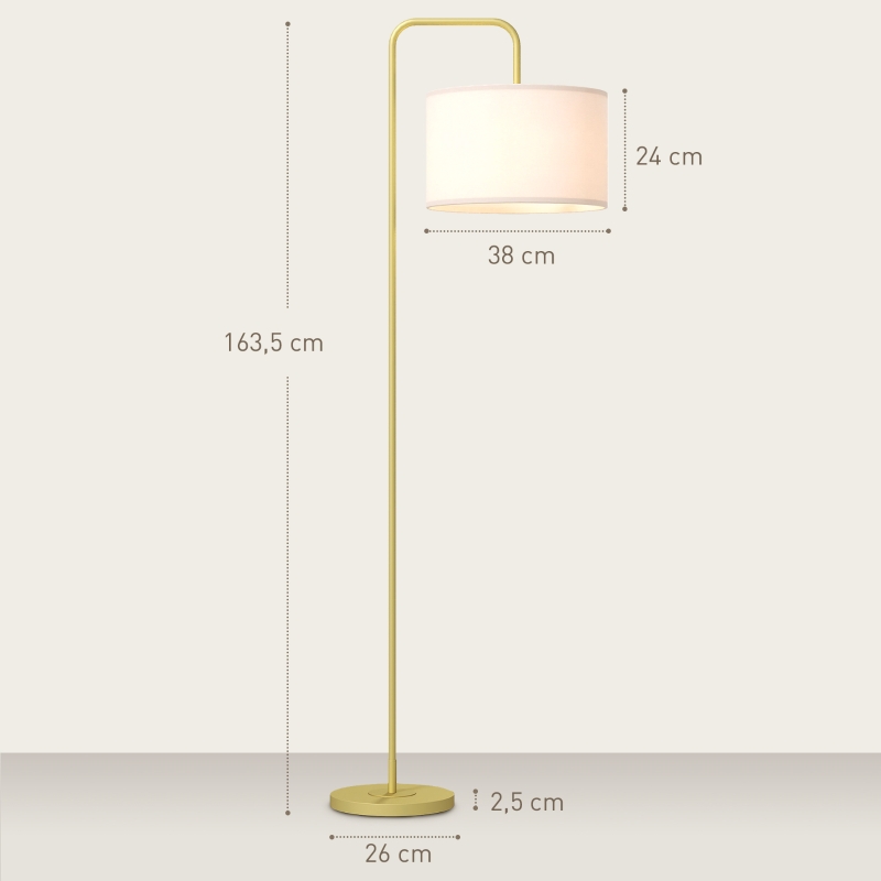 HOMCOM Candeeiro de Pé Moderno Lâmpada E27 Máx. 40W com Ecrã de Linho e Interruptor de Pé 64x38x163,5 cm Branco e Dourado
